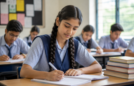 Students in India studying at school with information about the NMMSS government scholarship