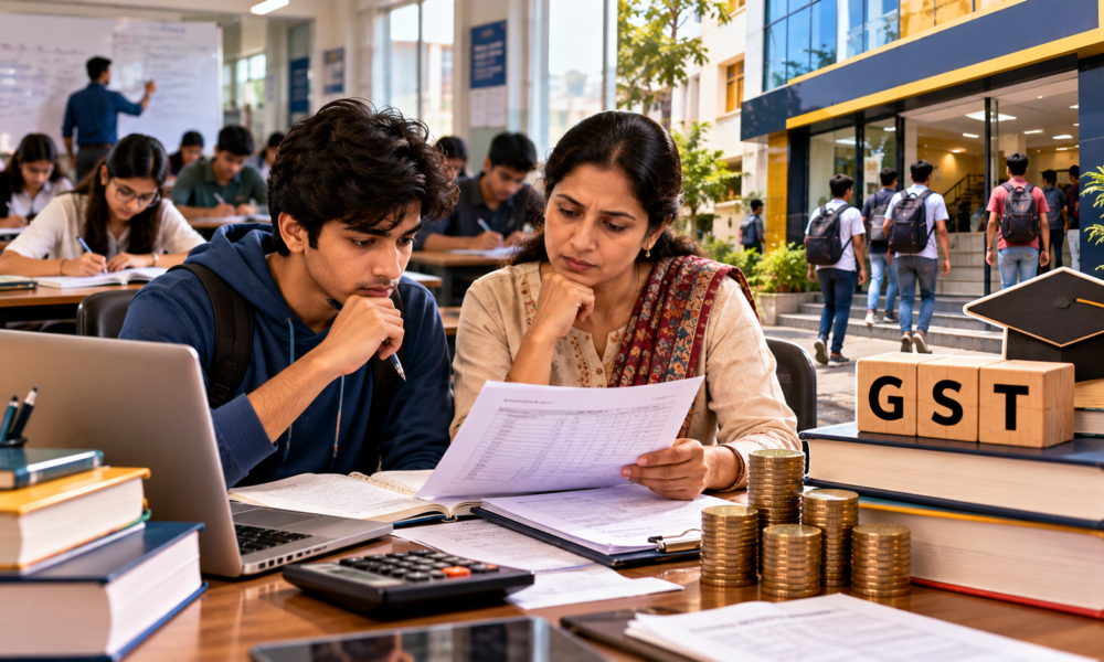 Student and parent checking coaching class fees and GST
