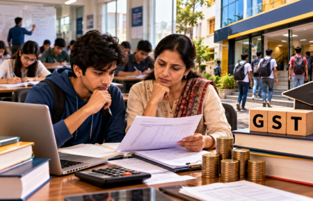 Student and parent checking coaching class fees and GST