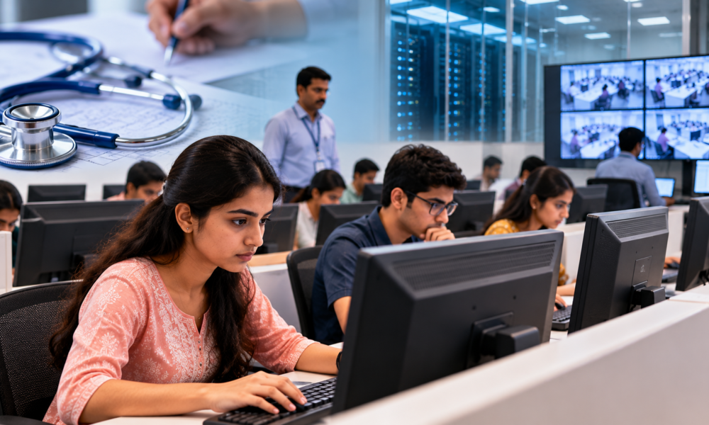 Students taking a computer-based entrance examination in India