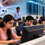 Students taking a computer-based entrance examination in India