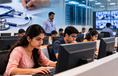 Students taking a computer-based entrance examination in India